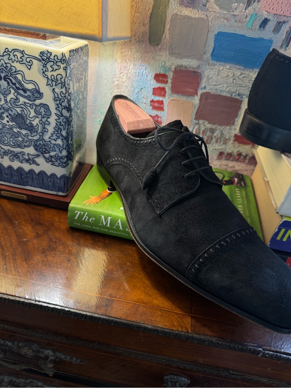 Rare Mezlan Black Suede Cap Toe Oxfords With Elongated Soft Chisel Toe 11.5 D
